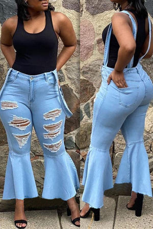 Goosudu High-rise Ripped Flared Denim Overalls