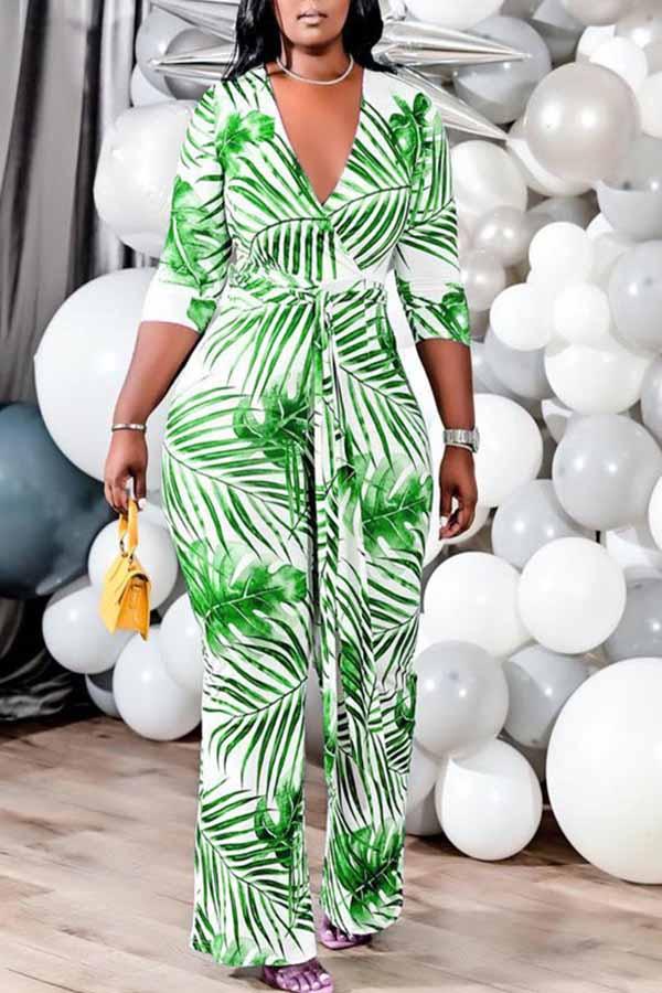 Goosudu Plus Size Palm 3/4 Length Sleeve Tie Waist Jumpsuit