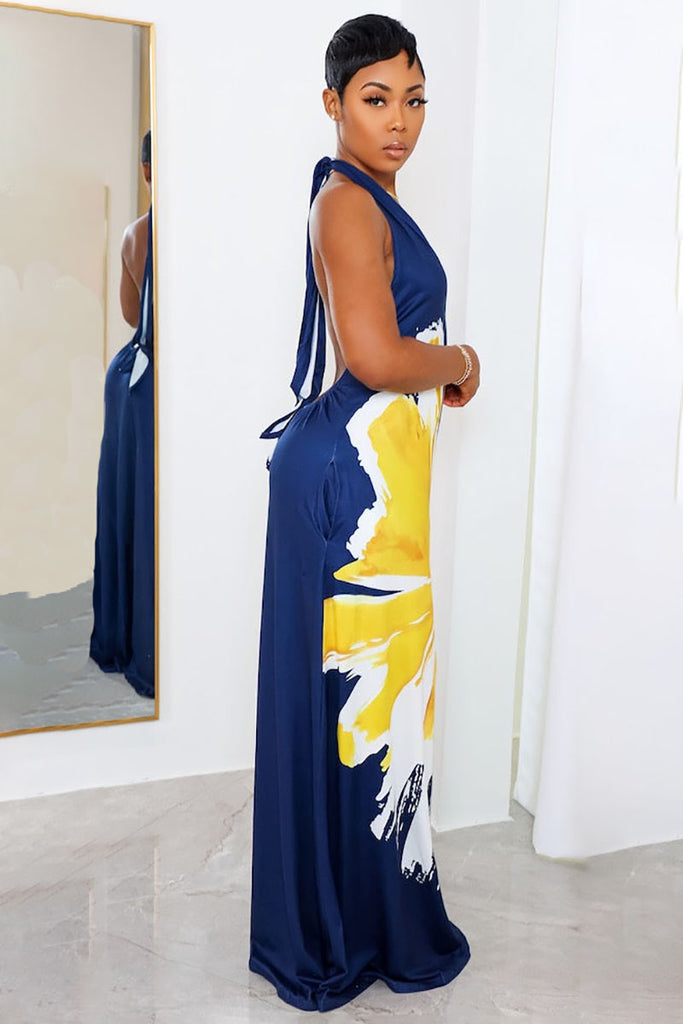 Goosudu Deep V Neck Flower Print Halter Backless Maxi Dresses