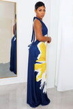 Goosudu Deep V Neck Flower Print Halter Backless Maxi Dresses