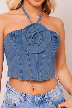 Goosudu 3D Flower Decor Halter Collar Smart Denim Camisole