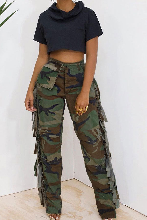 Goosudu Camouflage Punk Pocket Side Tassel Pants