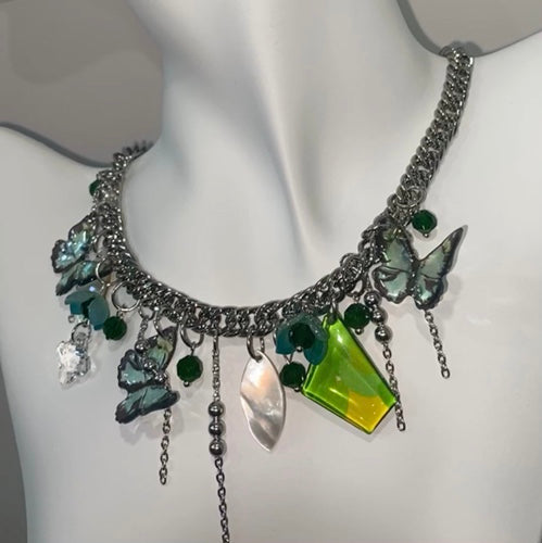 Goosudu Green Butterfly Tassel Choker Necklace