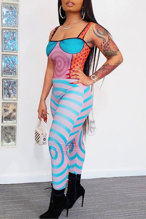 Goosudu Fashion Sexy Print Skinny Suspender Jumpsuit