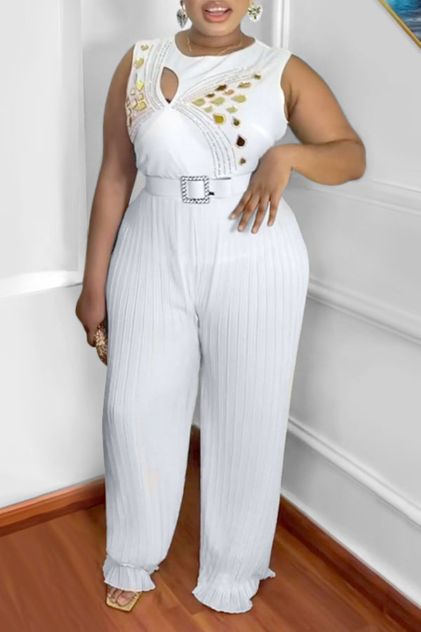 Goosudu Casual Round Neck Sleeveless Ironing Loose Pleated Jumpsuit