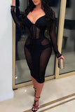 Goosudu Fashion Sexy Patchwork Frenulum See-through V Neck Long Sleeve Dresses