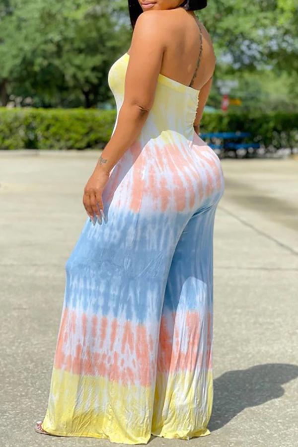 Goosudu Plus Size Tie Dye Bandeau Wide Leg Jumpsuit