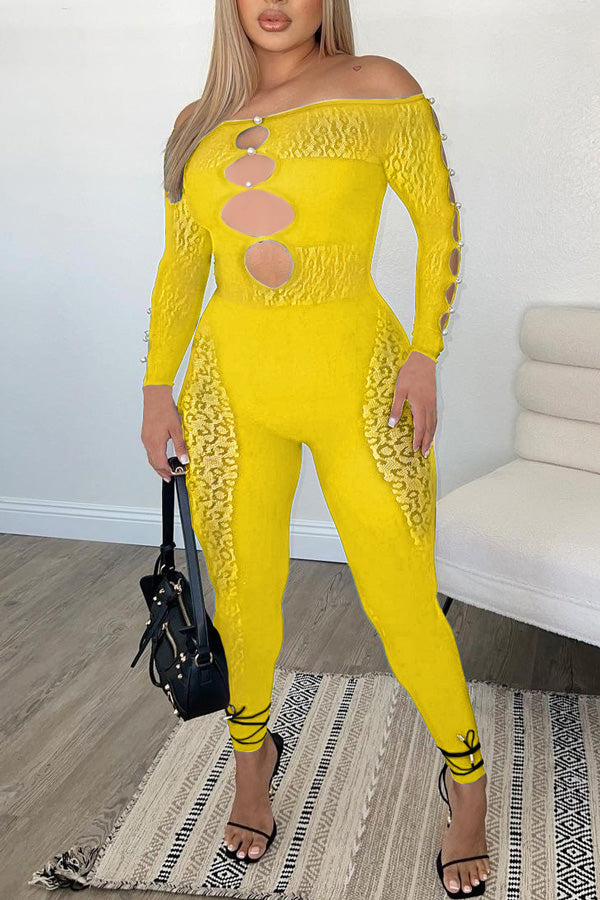Goosudu Sexy Off Shoulder Sheer Leopard Print Pearl Buckle Chest Cutout Jumpsuits
