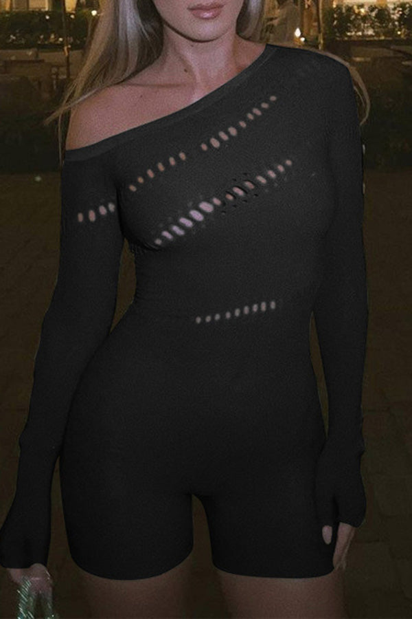 Goosudu Off-Shoulder Jacquard Long-Sleeve Romper