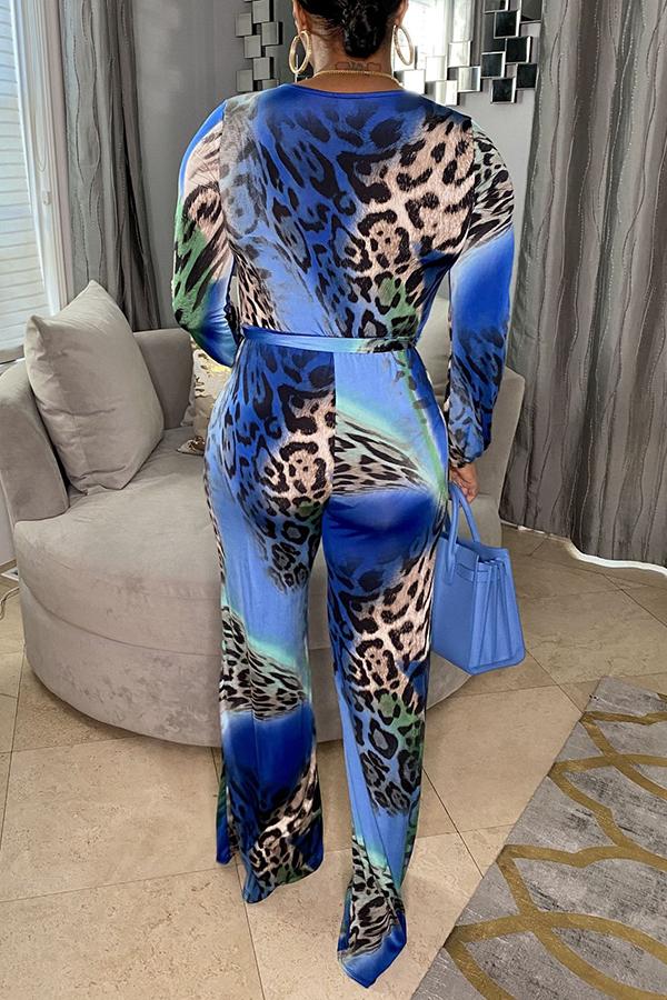 Goosudu Pretty Leopard V-neck Tie Waist Jumpsuit
