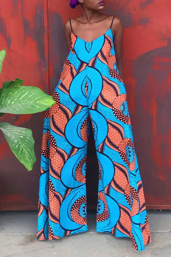 Goosudu Romantic Print Sleeveless Sling Wide-Leg Jumpsuits