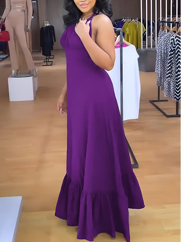 Goosudu Solid Open-Back Ruffle Dress