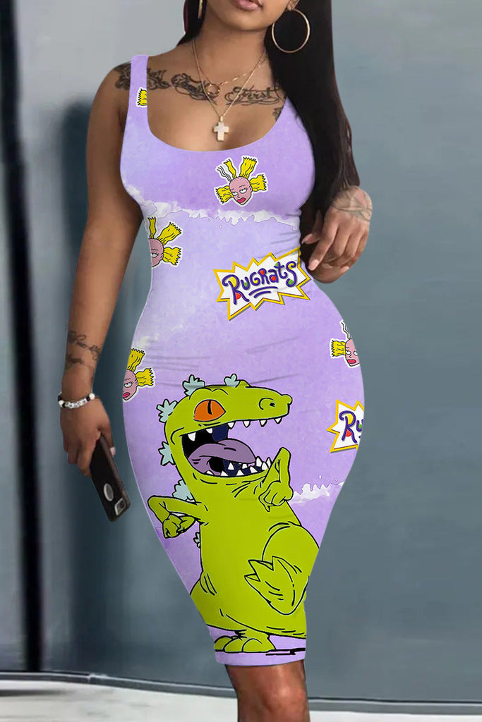 Goosudu Casual Cartoon Print Basic U Neck Vest Dress Dresses