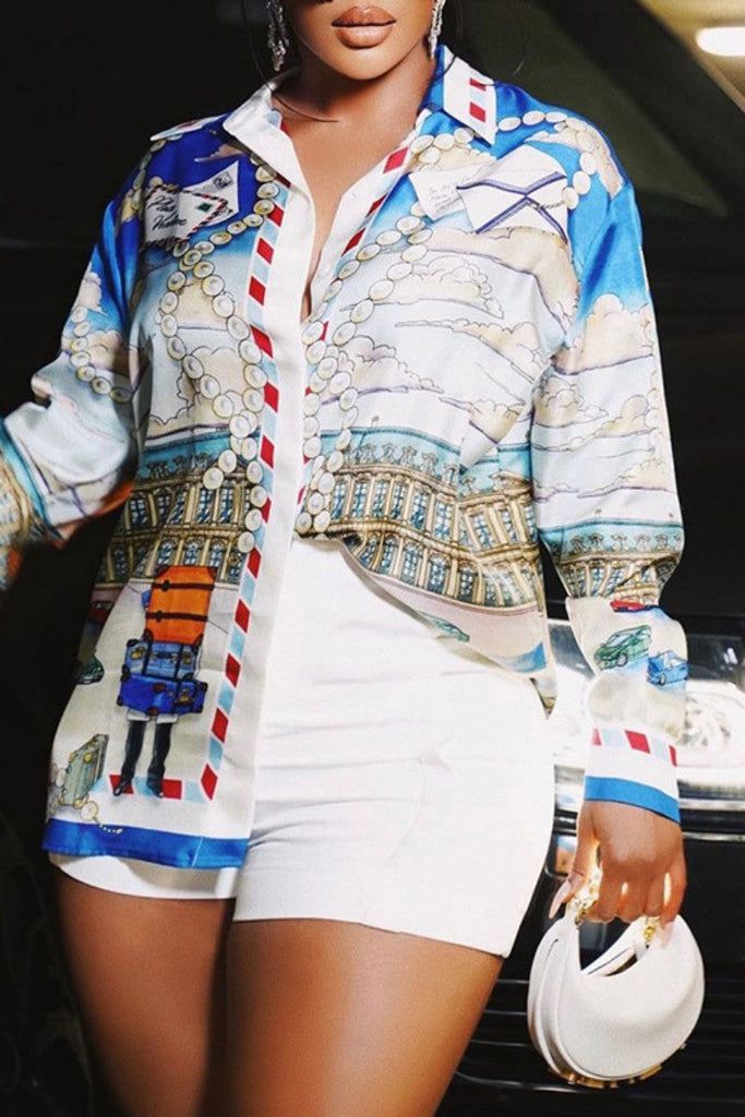 Goosudu Casual Print Patchwork Shirt Collar Tops