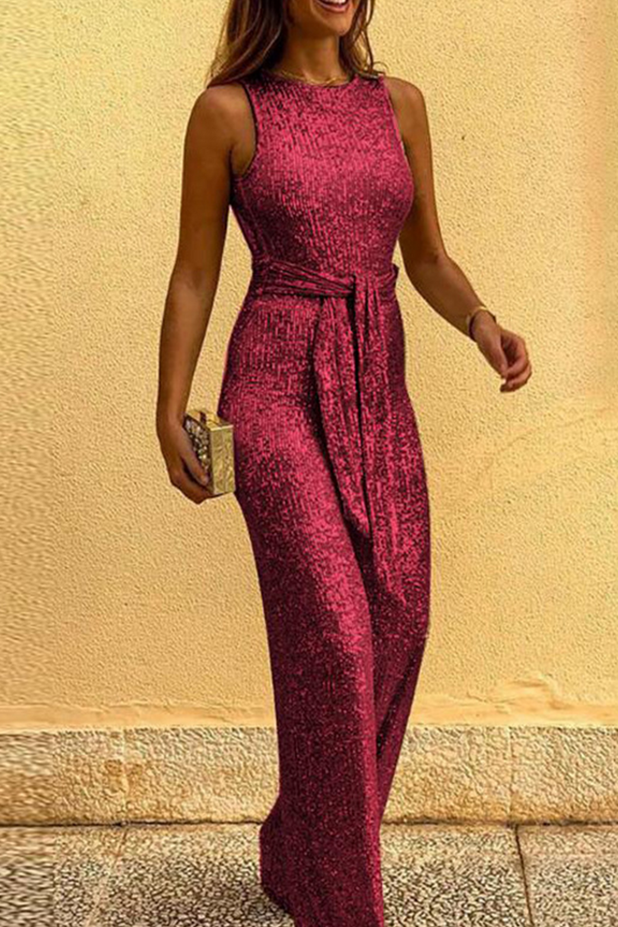 Goosudu Elegant Solid Sequined With Belt O Neck Straight Jumpsuits