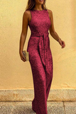 Goosudu Elegant Solid Sequined With Belt O Neck Straight Jumpsuits