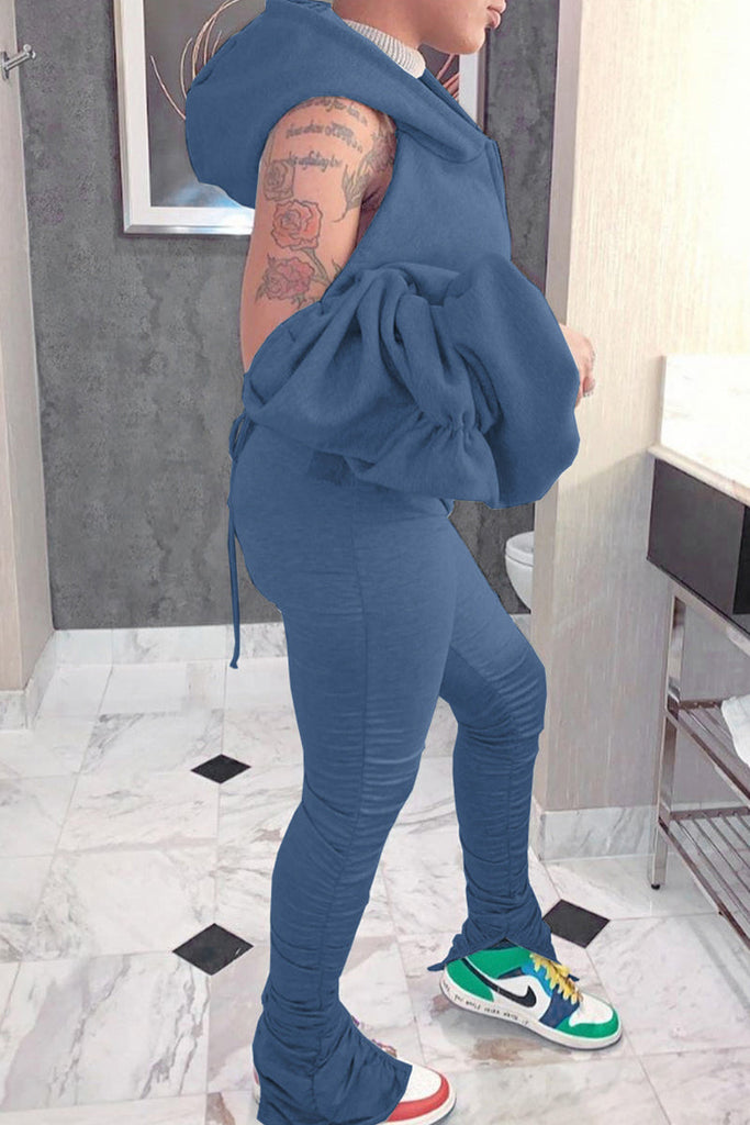 Goosudu Casual Solid Hollowed Out Patchwork Pocket Zipper Hooded Collar Long Sleeve Two Pieces