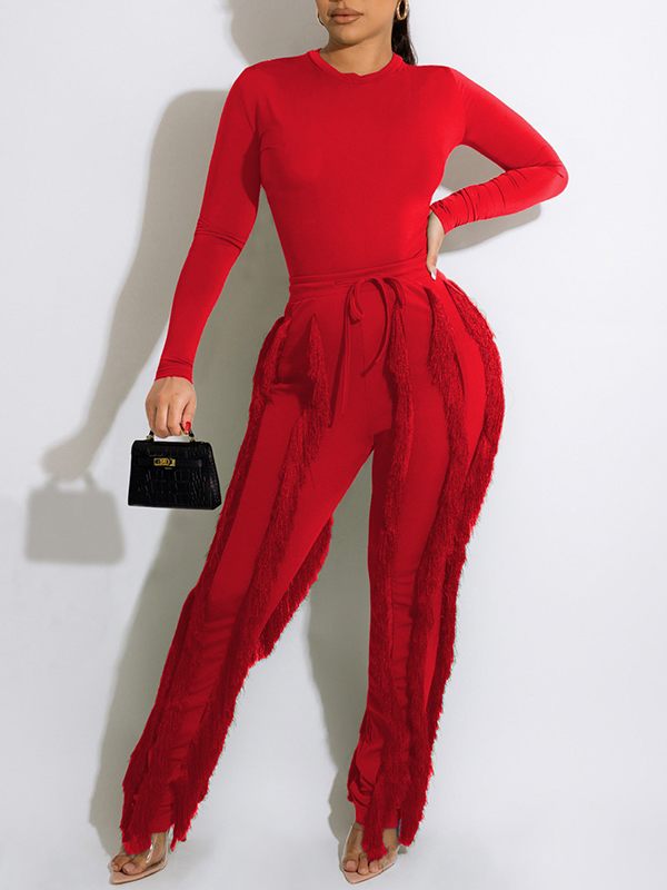 Goosudu Solid Bodysuit & Fringe Pants Set