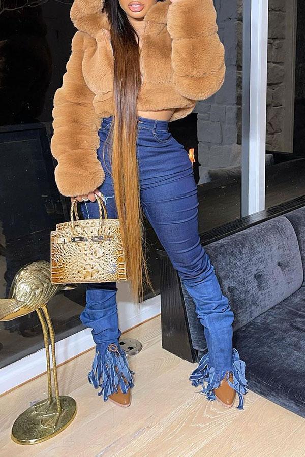 Goosudu Solid Color Faux Fur Luxe Hooded Coat