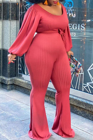Goosudu Plus Size Solid Color Bubble Sleeve Flare Wide Leg Jumpsuit