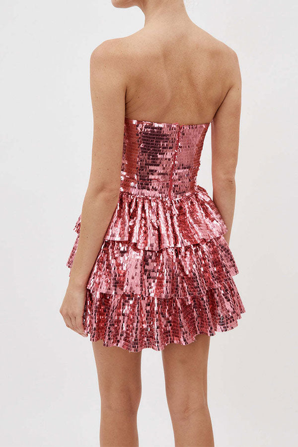 Goosudu Sequined Glittery Bow Design Tiered Mini Dress