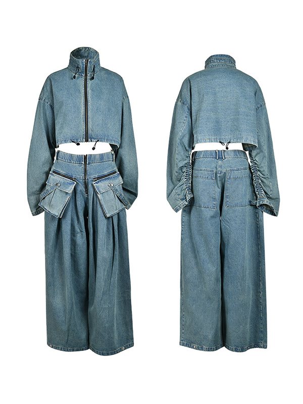 Goosudu Denim Jacket & Wide-Leg Pants Set