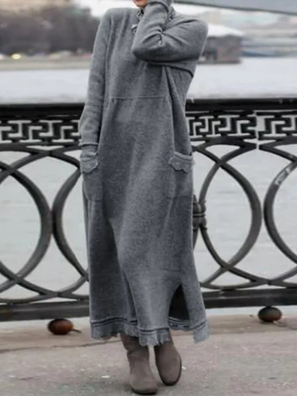 Goosudu Women's Winter Dress Crew Neck Long Sleeve Solid Lace Hem Maxi Dress