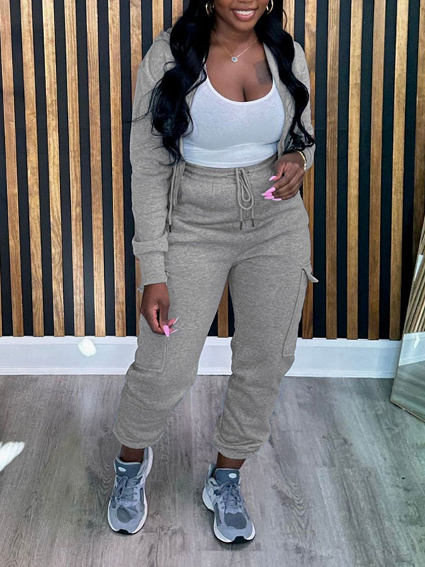 Goosudu Solid Zip-Front Hoodie & Cargo Jogger Pants set