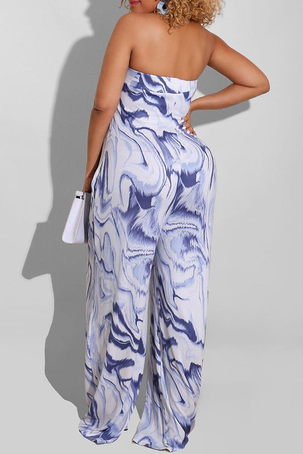 Goosudu Fashion Bandeau Marble Print Wide Leg Loose Jumpsuit