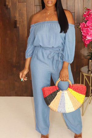 Goosudu Solid Color Off Shoulder High Waist Belt Casual Wide Leg Jumpsuit