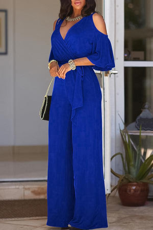 Goosudu Elegant V Neck Shoulder Cutout Lace Up Jumpsuit