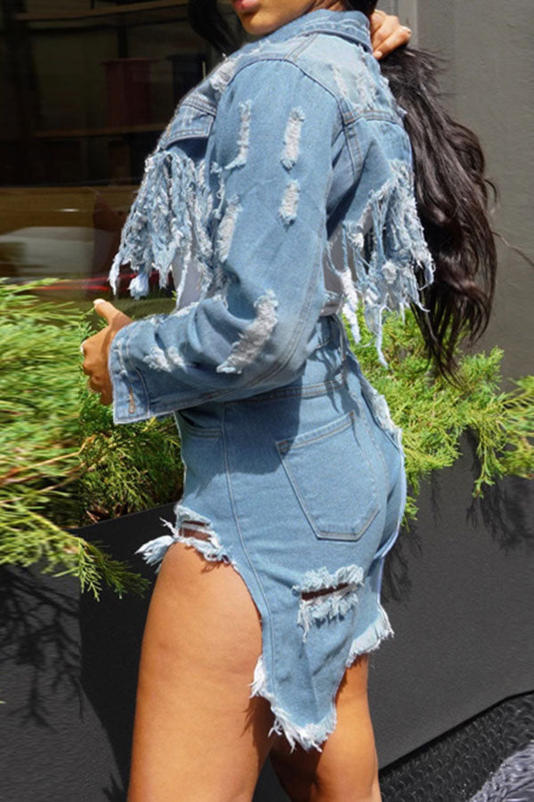 Goosudu Ripped Stylish Tassel Hem Denim Jacket