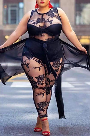 Goosudu Sexy Plus Size Lace See Through Sleeveless Mesh Jumpsuit