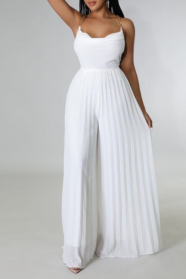 Goosudu Glamorous Solid Color Pleated Backless Chain Sling Jumpsuits