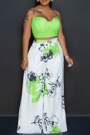 Goosudu Sexy Celebrities Floral Patchwork Zipper Spaghetti Strap Sleeveless Two Pieces