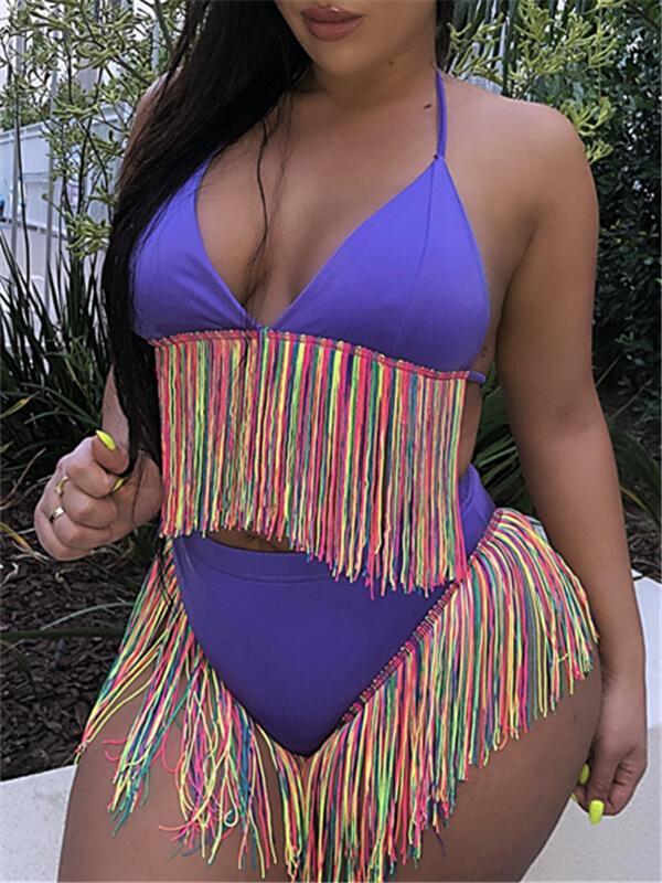 Goosudu Multicolor Tassel Halter Bikini