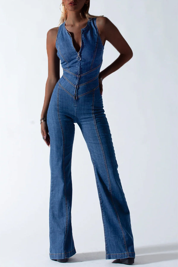 Goosudu Sexy Sleeveless Round Neck Zip Slim Backless Denim Jumpsuits