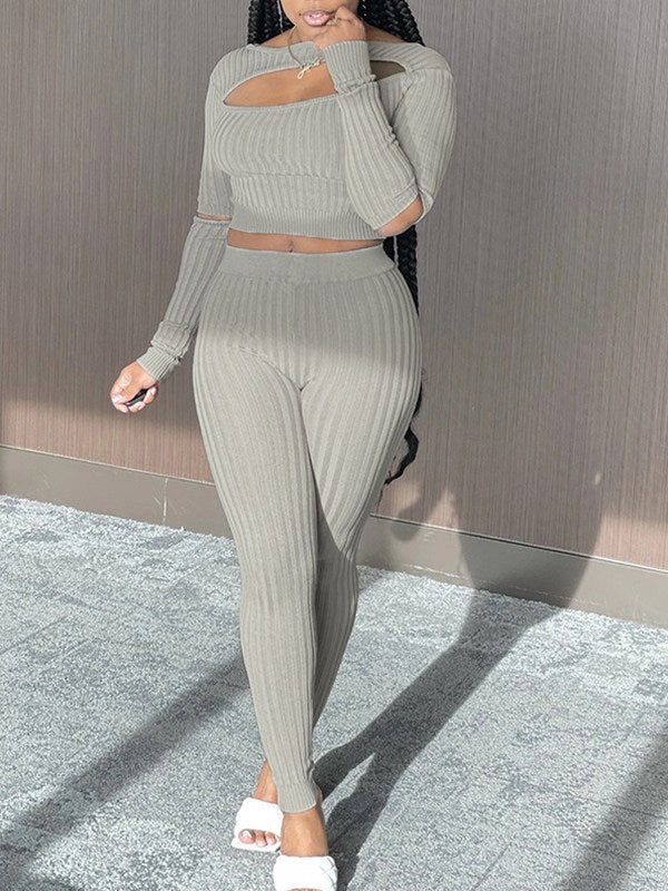 Goosudu Ribbed Cutout Top & Pants Set