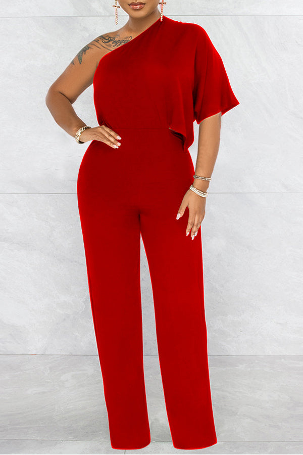 Goosudu Fashion Show Waist One Shoulder Casual Pants Open Back Short Sleeve Jumpsuit
