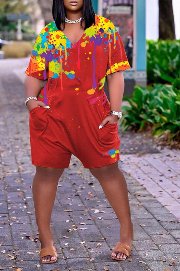 Goosudu Casual Loose Pocket Graffiti Print Short Sleeved Rompers