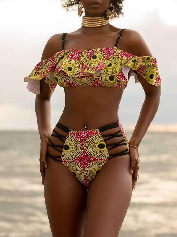 Goosudu Print Ruffle Cutout Bikini