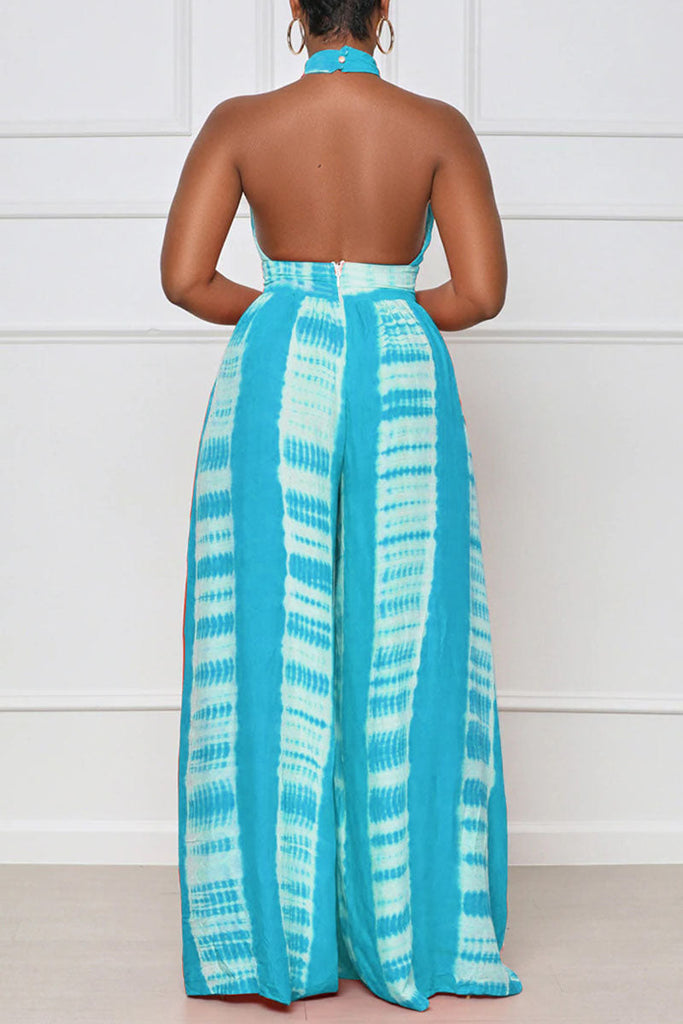Goosudu Sexy Print Patchwork Backless Halter Straight Jumpsuits