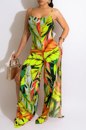 Goosudu Tropical Spaghetti Straps Slit Leg Jumpsuit