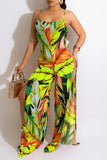 Goosudu Tropical Spaghetti Straps Slit Leg Jumpsuit