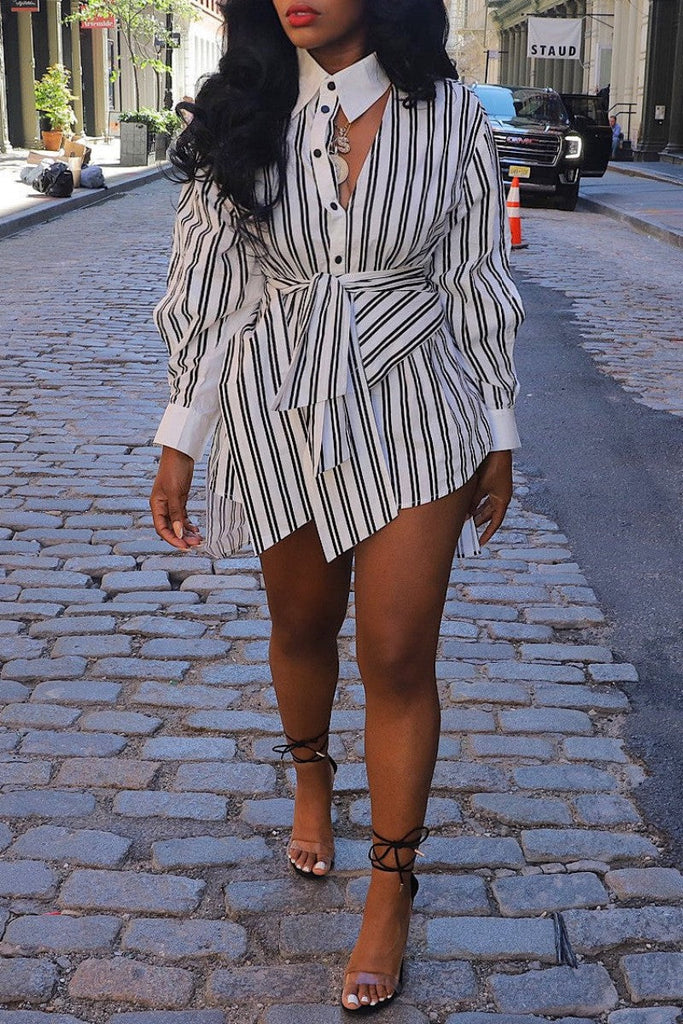 Goosudu Casual Striped Print Hollowed Out Patchwork POLO collar Shirt Dress Dresses