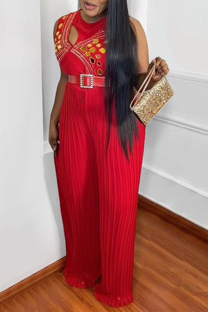 Goosudu Casual Round Neck Sleeveless Ironing Loose Pleated Jumpsuit