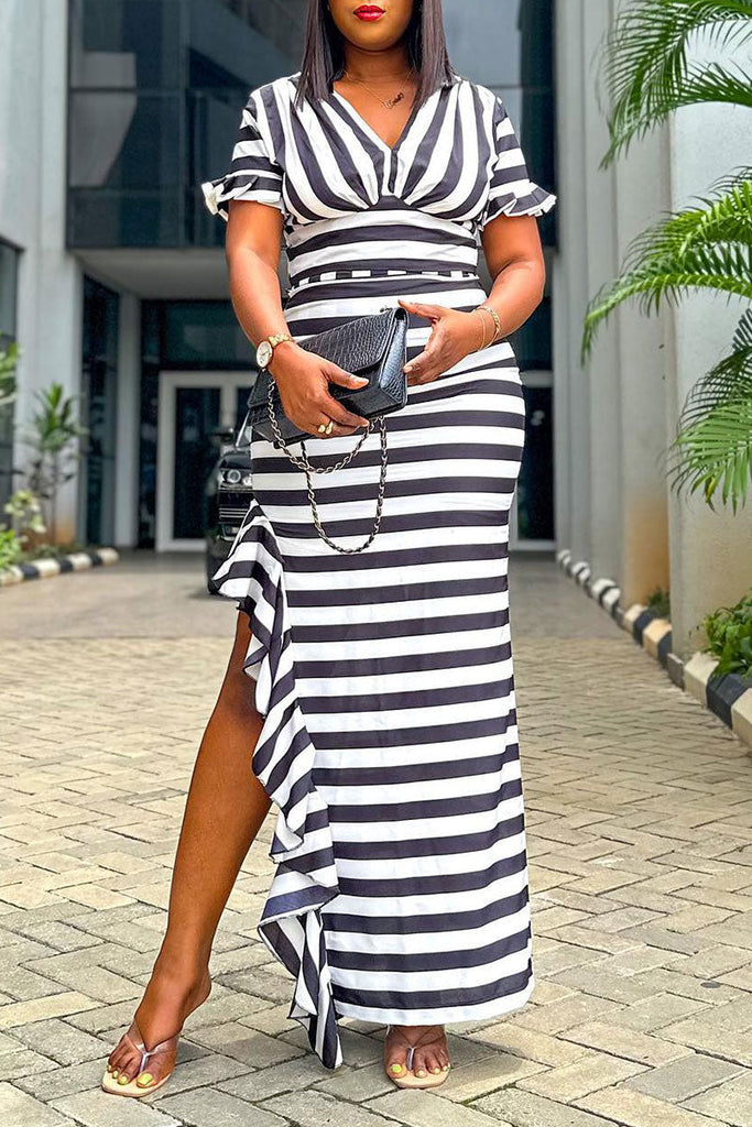 Goosudu Casual Sweet Daily Simplicity Striped Patchwork Flounce Cross Straps V Neck Short Sleeve Two Pieces