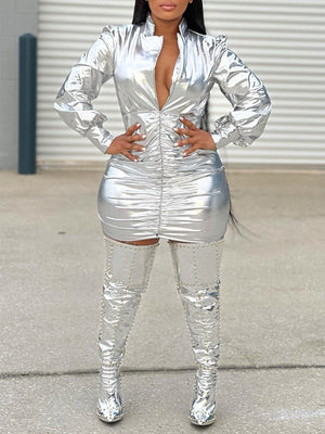 Goosudu Metallic V-Neck Ruched Dress