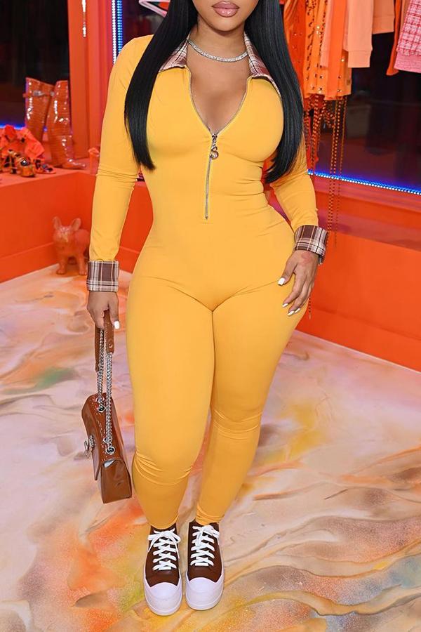 Goosudu Polo Neck Plaid Stitiching Zipper Jumpsuit