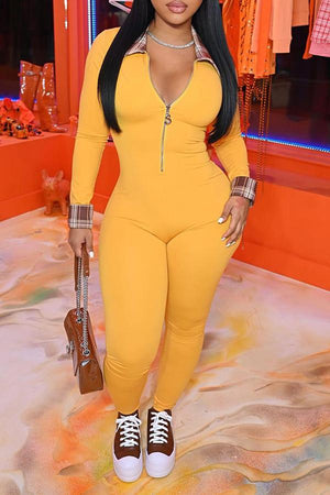 Goosudu Polo Neck Plaid Stitiching Zipper Jumpsuit